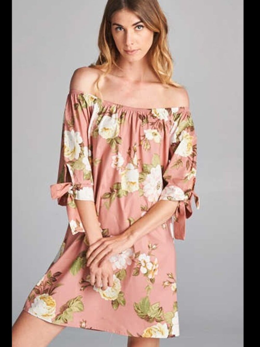Pink Summer Floral Off Shoulder 3/4 Sleeve Sundress Womens Bow Mini Dress S